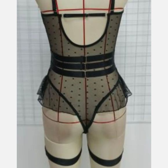 Women 4 Piece Sexy Ring Linked Garter Lingerie Set Sheer Lace Bodysuit Underwear - Picture 7 of 8